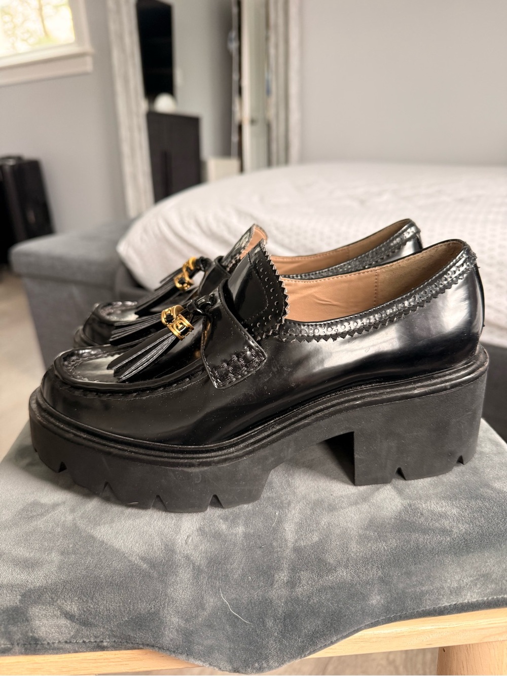 Sam Edelman Black Patent Platform Tassel Mules with Gold Buckle